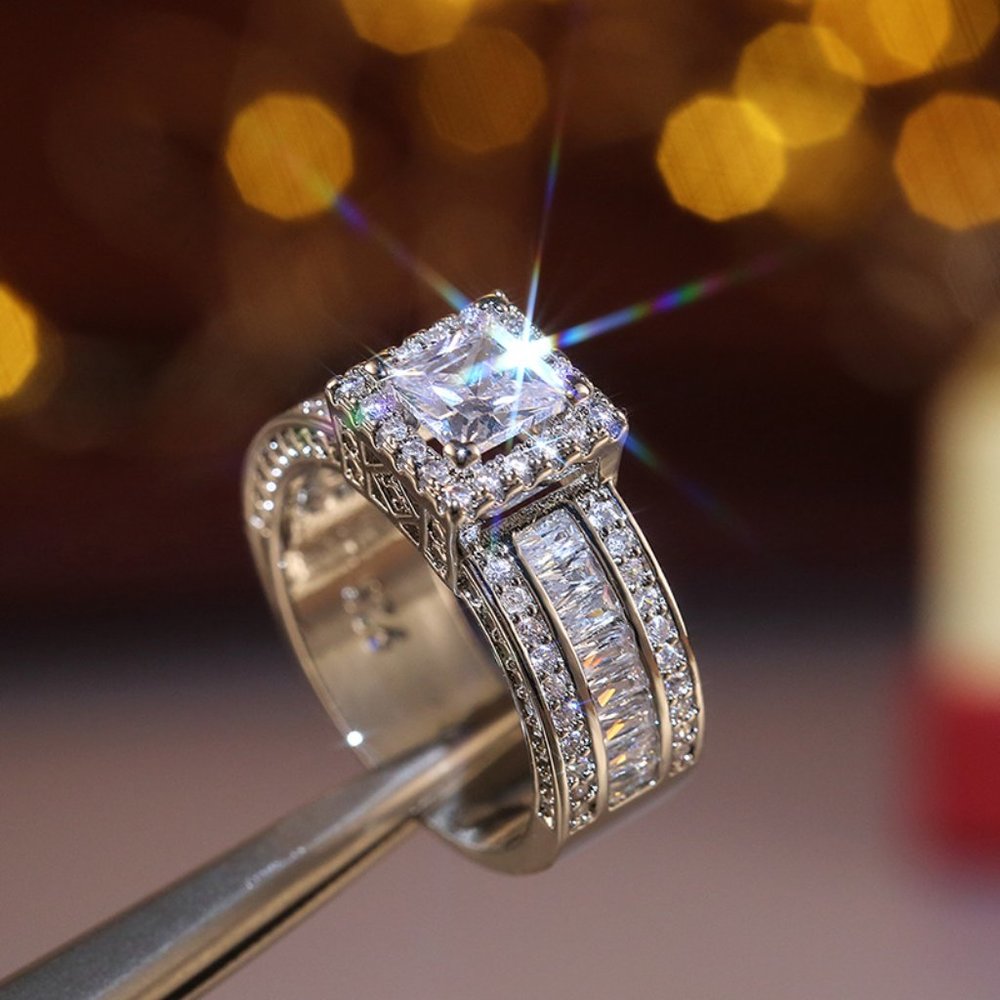 🎀 Three Layer Full Zircon Square Anillos Princess Cut Rings for Women, PD194